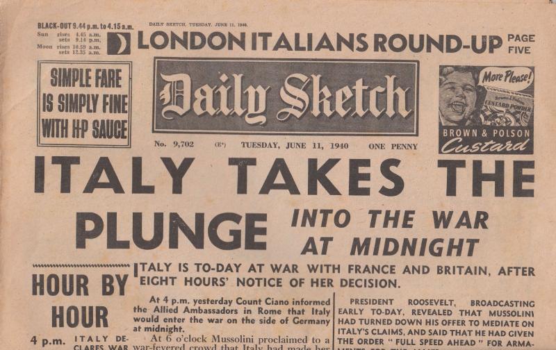 The Daily Sketch 1940 Italy Declares War Original Military WW2 Newspaper