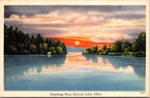 Sunset View, Greetings from Central Lake MI Vintage Postcard Q54