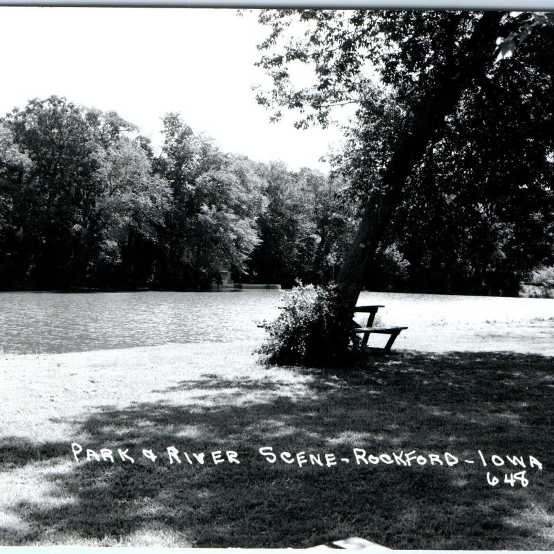 c1950s Rockford, IA RPPC Park & River Scene Peaceful Beautiful Bench Photo A110