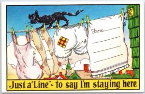 VINTAGE POSTCARD JUST A ;LINE' - TO SAY I'M STAYING HERE 1940s COMIC HUMOR