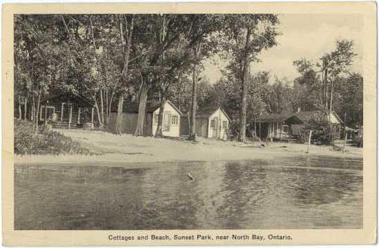 Cottages and Beach, Sunset Park near North Bay, Ontario, Canada, White Border