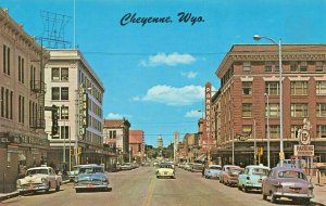 Cheyenne WY Capitol Ave. Storefronts Paramont Theatre Old Cars Postcard