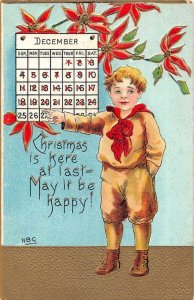 Christmas Greetings Boy with Calendar HGB Vintage Postcard AA12194