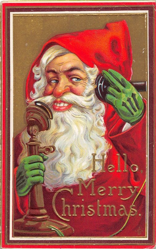 G35/ Santa Claus Christmas Postcard c1910 Green Gloves Telephone 4