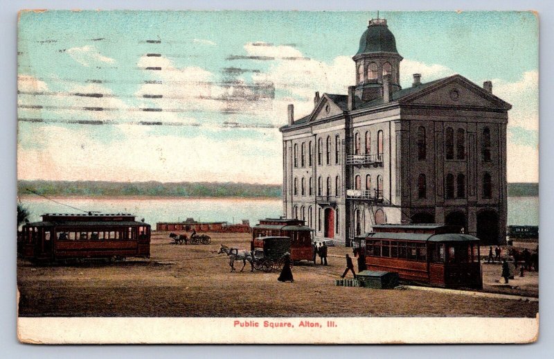 J91/ Alton Illinois Postcard c1910 Public Square Trolley People 16