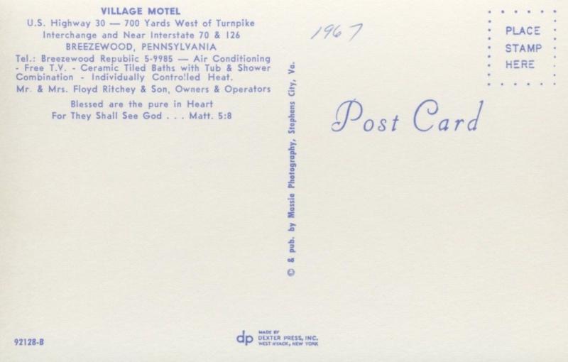 Village Motel ~ Breezewood PA Pennsylvania ~ US Highway 30 ~ c1960s Postcard