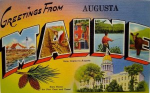 Greetings From Augusta Maine Large Big Letter Postcard Linen Lighthouse Unused