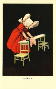 Vintage Postcard 1910's Tuesday The Day For Ironing The Clothes Young Maiden
