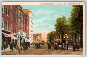 1931 HAGERSTOWN MD WASHINGTON STREET LOOKING EAST BICYCLE TRAIN TRACKS POSTCARD