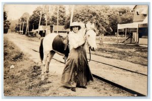 c1910's Woman With Pony Horse Railroad Track RPPC Photo Antique Postcard