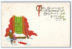 Christmas Postcard Greetings Children Window Winter Scene Berries Mistletoe