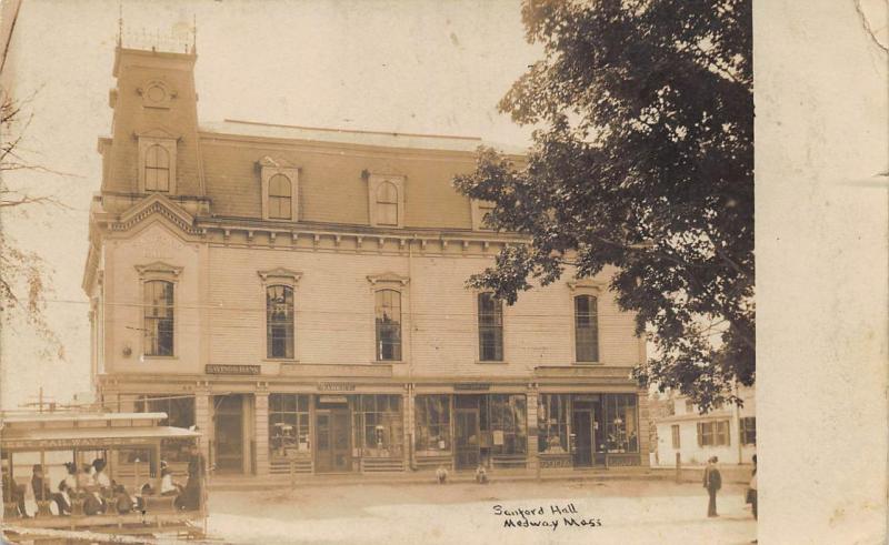 Medway MA Post Office Store Bank Trolley Sanford Hall Real Photo Postcard