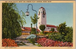 Boise Idaho Union Pacific Depot and Howard Platt Gardens Linen Postcard Y8