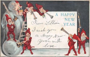 New Year Greetings Gnomes Elves with Snowman Vintage Postcard AA84031