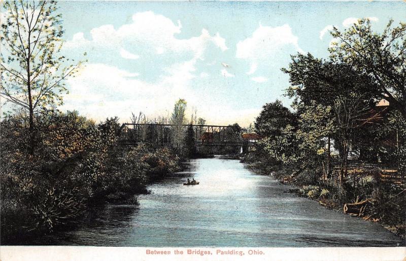 Paulding Ohio~Between the Bridges~Boat on River~Bridge in Distance~1907 Postcard