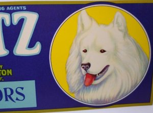 Spitz Dog Crate Label Blue Anchor California Fruit 1940s Vintage White Puppy