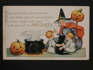 1910s Whitney Made Halloween Postcard Witch w/ Two Kids Near Bubbling Cauldron