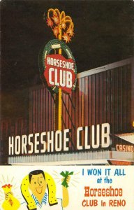 HORSESHOE CLUB Reno, NV Casino Neon Sign c1950s Vintage Postcard