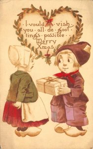 Dutch Children Merry Xmas Christmas 1912 New York Hand-Colored Vintage Postcard