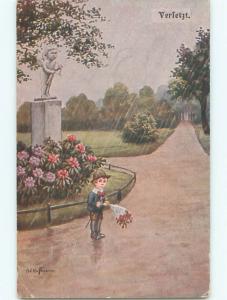 foreign Old Postcard signed PARK STATUE BEHIND EUROPEAN BOARD AC2507