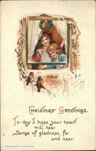 Brundage Christmas Cute Kids and Song Birds c1910 Vintage Postcard