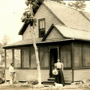 c1910s Pretty Woman in Dress w/ Dog & House Painter RPPC Real Photo A8