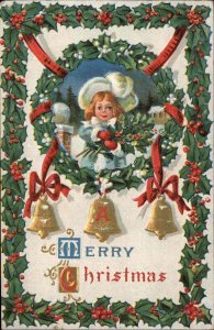 Christmas Children Bells Gilt Embossed c1910s Postcard