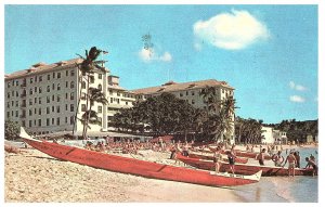 Moana Hotel Red Outrigger Canoes Waikiki Beach Hawaii Postcard 1954