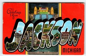 Greetings From Jackson Michigan Large Letter Postcard Linen 1950 Kropp Vintage