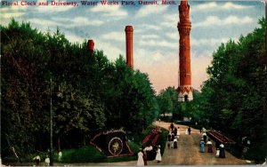 Floral Clock and Driveway, Water Works Park, Detroit MI Vintage Postcard B02