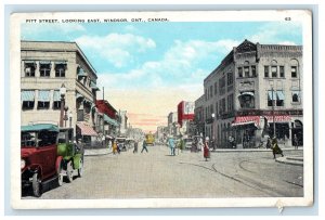 c1920's Trolley Car, Bank, Business Section, Pitt St. Windsor Canada Postcard 