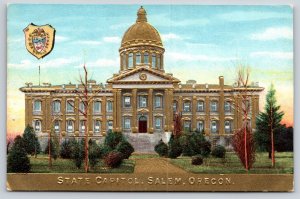 State Capitol Bldg~Salem Oregon~Coat Of Arms~Gold Embossed~Vintage Postcard