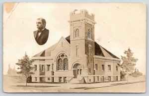 Latham Illinois~Christian Church Artist Conception~Pastor Photo Inset~c1912 RPPC