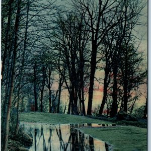 c1900s UK Art Reflective Pool Bare Trees Dusk Sunset Woods Winter Landscape A364