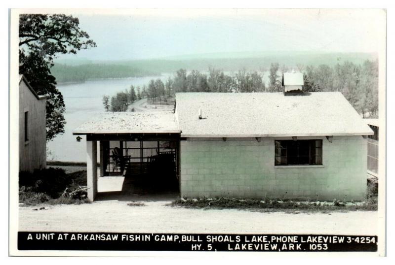 Arkansaw Fishin' Camp, Bull Shoals, Lakeview, AR Hand-Colored RPPC Postcard *4V