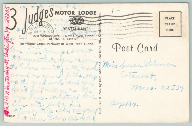 New Haven Connecticut~3 Judges Motor Lodge~AAA Restaurant~c1960 Postcard 