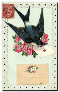 Old Postcard Fancy Embroidery Flowers Swallow