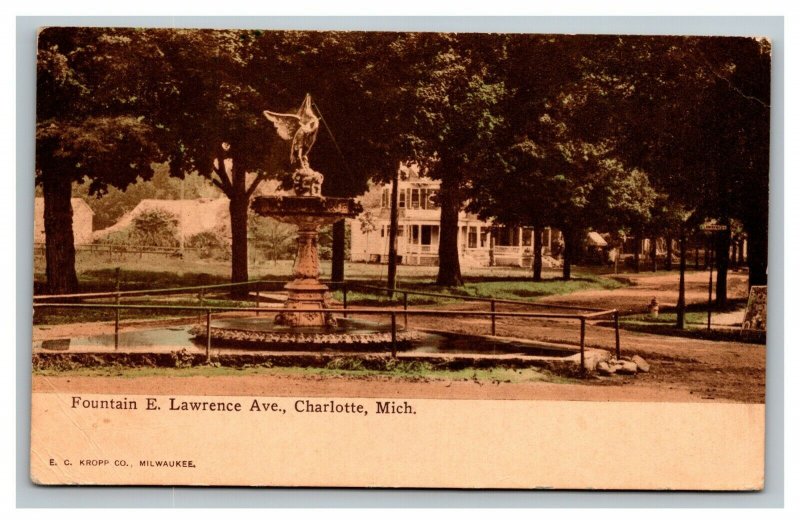 Vintage 1914 Colorized Postcard Fountain E. Lawrence Ave. Charlotte Michigan