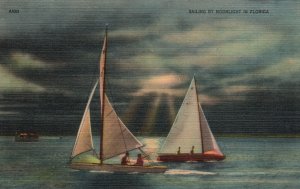 Vintage Postcard Sailing By Moonlight Sailboat Ship Florida FL J.B. Sommers Pub.