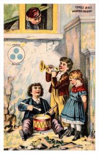 Trade card  Three ball Washing Crystal,   Children Playing Horn, Drums