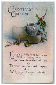 1917 Christmas Greeting Cat In Dutch Shoe Holly Berries Plainville CT Postcard