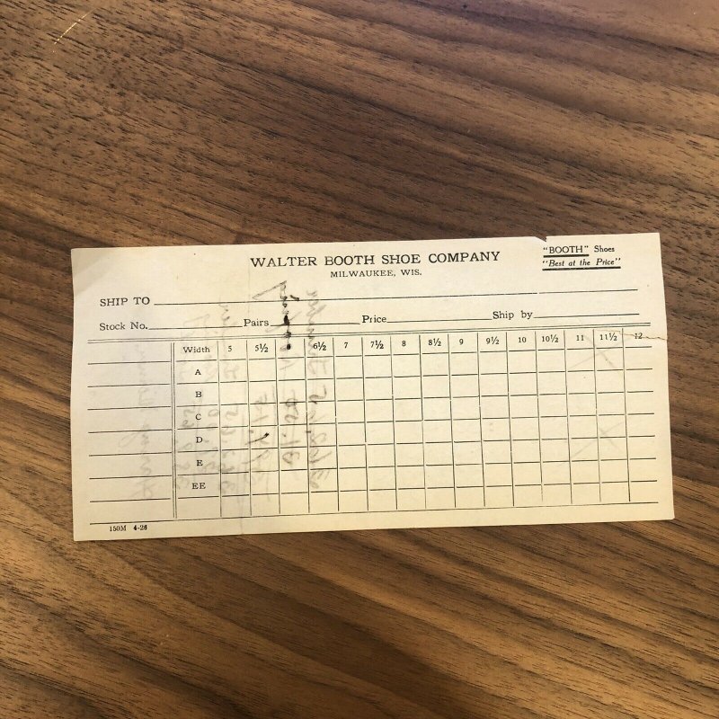 Milwaukee Wisconsin - WALTER BOOTH SHOE COMPANY - INVOICE - RECEIPT - PAPER