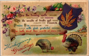 Vtg 1910s Thanksgiving Greetings Turkeys and Poem Unused Embossed Postcard