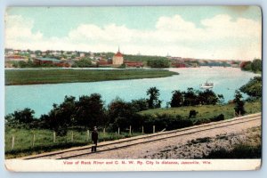 Janesville Wisconsin Postcard View Rock River CNW Ry City Distance 1910 Unposted