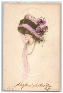 1910 New Year Pretty Woman Floral Big Hat Embossed Cincinati Ohio OH Postcard