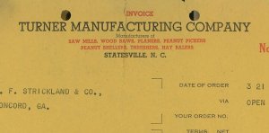 1949 Turner Manufacturing Company Statesville NC 5 Queen Cultivators Invoice 424