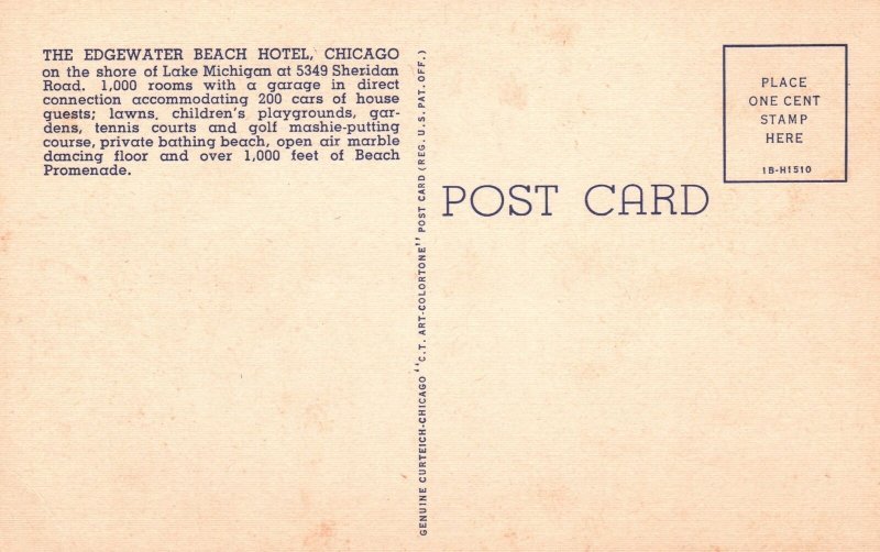 Vintage Postcard Edgewater Beach Hotel & Apartments Lake Shore Chicago Illinois