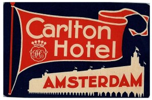 1930s-40s Carlton Hotel Luggage Label Original Sticker Amsterdam Netherlands Lg 