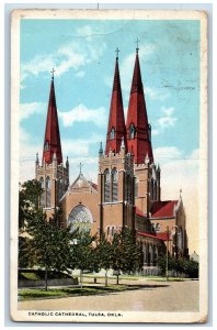 Tulsa Oklahoma OK Postcard Catholic Cathedral Exterior Roadside 1923 Antique