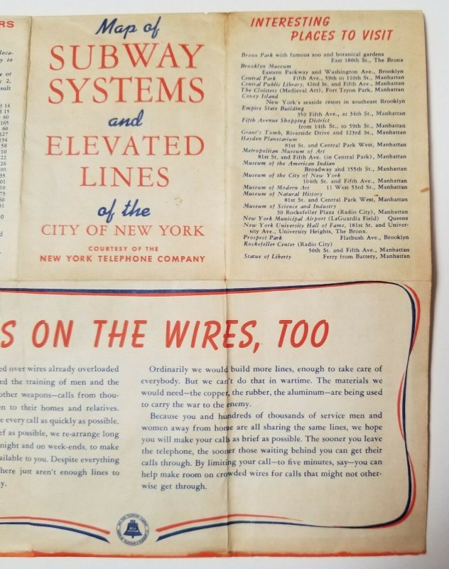 New York Subway Map Given to 1940s Military Recruits from NY Telephone Company